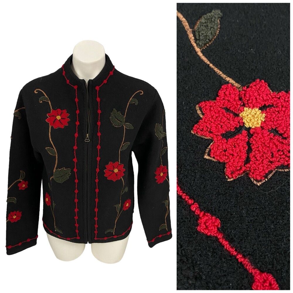 Coldwater Creek Sweater Womens Small Wool Cardigan Floral Red Black Old Money